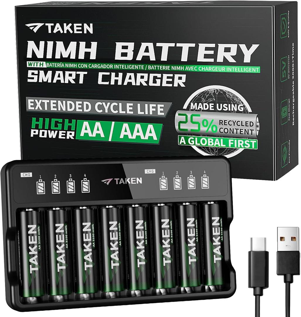 Taken Rechargeable AA Batteries with Charger, 8-Pack 3100mWh Double A Batteries Made with 25% Recycled Materials with 8 Bay Smart Battery Charger for Fast Charging of AA & AAA Batteries