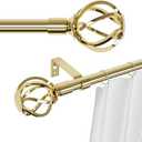 Gold Curtain Rods for Windows 66 to 120 with Cage Finials, Heavy Duty Curtain Rod Set with Splicing Adjustable, Decorative Curtain Rods for Outdoor Patio, Sliding Glass Door, 5/8" Diameter