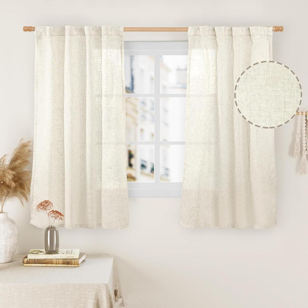 LAMIT Semi Sheer 48 Inch Linen Curtains for Cafe 2 Panels, Cream Ivory Light Filtering Panels Back Tab and Rod Pocket Neutral Drapes for Small Window/Loft Room, 34 x 48 Inch (Natural)