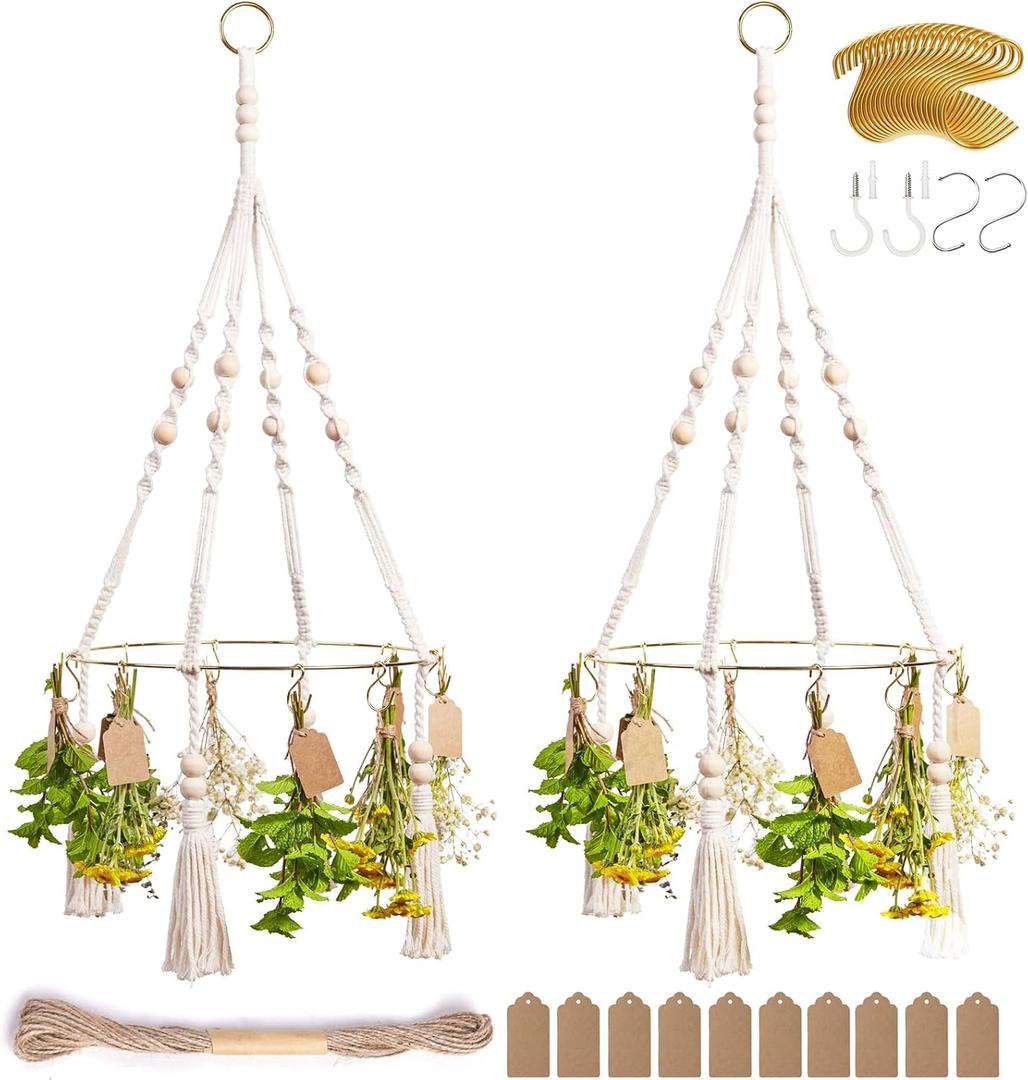 Herb Drying Rack with Decorative Tassels, 2-Pack Includes 20 Golden Hooks, 25 Gift Tags & 32ft Jute Twine - Hanging Herb Dryer for Kitchen, Garden, Home Decor