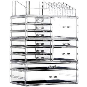 Cq acrylic Clear Makeup Storage Organizer Drawers Skin Care Large Cosmetic Display Cases Stackable Storage Box With 11 Drawers For Dresser 1 Pack