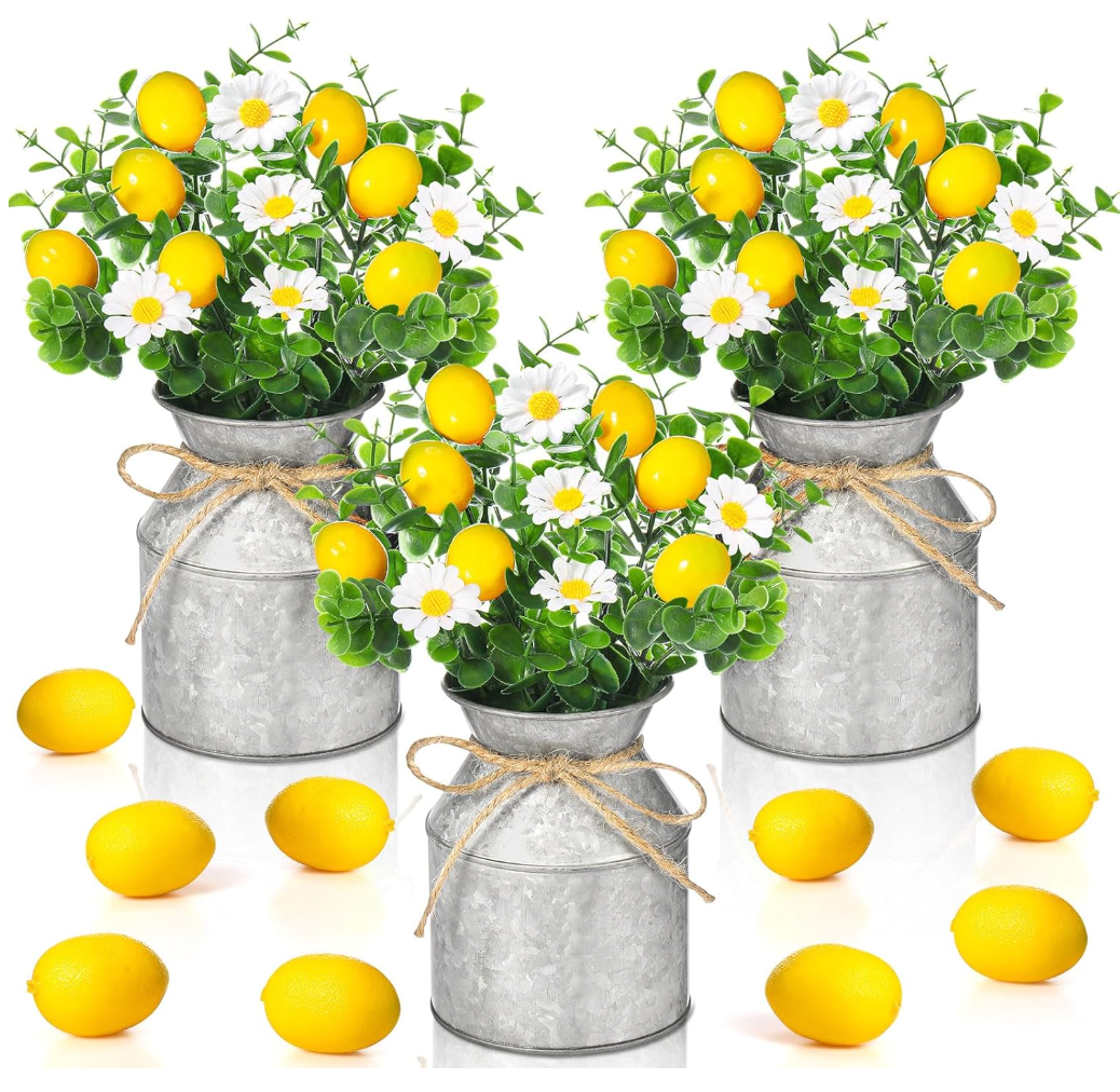 Mimorou 3 Sets Artificial Potted Lemon Decor Fake Fruit Lemon Flowers Table Centerpiece Faux Summer Kitchen Vases Tiered Tray Decor Farmhouse Plant for Indoor Outdoor Home Bathroom Dining