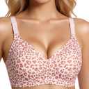 PQK Wireless Bras for Women Comfortable Seamless T Shirt Bras No Underwire V Neck Full Coverage Support and Lift (Size S Leopard Skin)