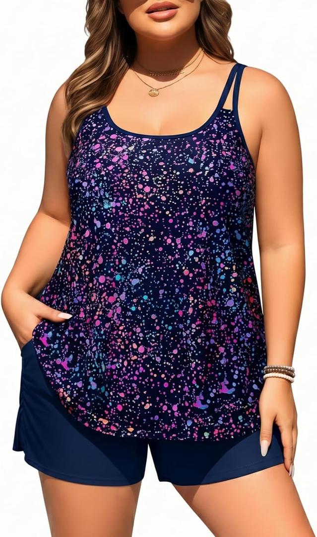 Plus Size Tankini Swimsuits - Women Two Piece Tankini Top with Shorts Flowy Swimsuit 2025 Bathing Suits, 28W
