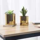MyGift Set of 2 Handcrafted Shiny Brass-Tone Metal Plant Pots & Flower Vases Decorative Indoor Table Planters, Handmade in India