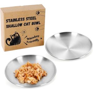 2-Pack Stainless Steel Cat Food Bowls, Shallow Whisker-Friendly Non-Slip Silicone Base Metal Dishes, Easy to Clean Indoor Feeding Flat Plates for Cat, Kitten, Small Dog (6.7")