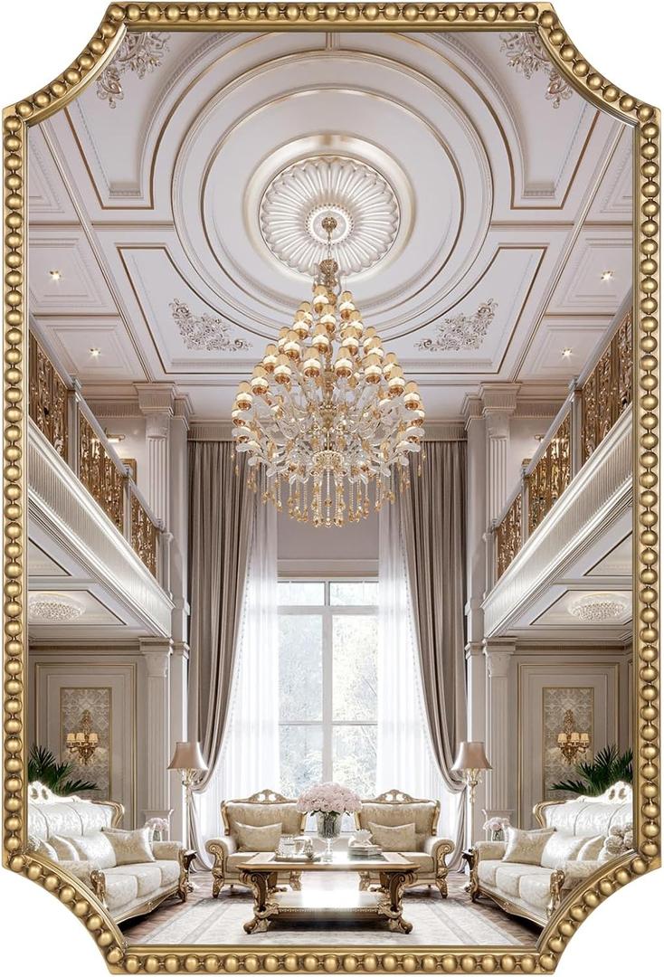 24"x36" Mirror for Wall, Scalloped Corners Rectangle Decorative Mirror, Metal Beaded Frame Accent Wall Decor for Bathroom, Entryway, Mantel, Antique Gold