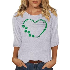 KISSMODA Women's 3/4 Sleeve T Shirts Crewneck Blouses Dressy Casual Shirts Tunic Blue Work Blouses Green Heart Clover
