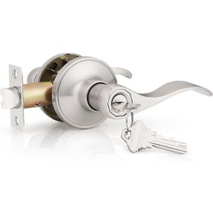Probrico (1 Pack Entry Door Lever [Lock with 3 Keys],Locking Door Handle Set for Office or Front Door,Satin Nickel Finish Wave Entrance Door Lock with Key, Reversible Right & Left Side Handed