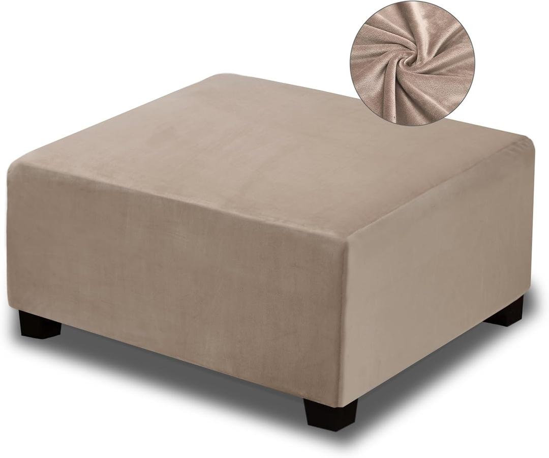 NeColorLife Square Ottoman Cover Velvet Ottoman Slipcover Thick Stretchable Footrest Stool Covers with Elastic Band for Oversized Ottoman (XX-Large Size,Taupe) (XXL Length: 45"-55",Width: 45"-55")