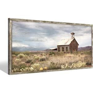 Farmhouse Wood Wall Art Picture: Framed Old Barn Print Decor Large Rustic Farm Landscape Country Artwork Panoramic Horizontal Nature Scene Rural Countryside Painting for Living Room Bedroom, 48"L x 24"W