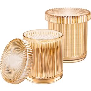 Bathroom Organizers and Storage,2 Pack Glass Qtip Holder Dispenser, Bathroom Essentials Accessories Decor, Vanity Makeup Storage Organizer for Cotton Swabs, Cotton Balls, Pads, Floss Picks (Amber)