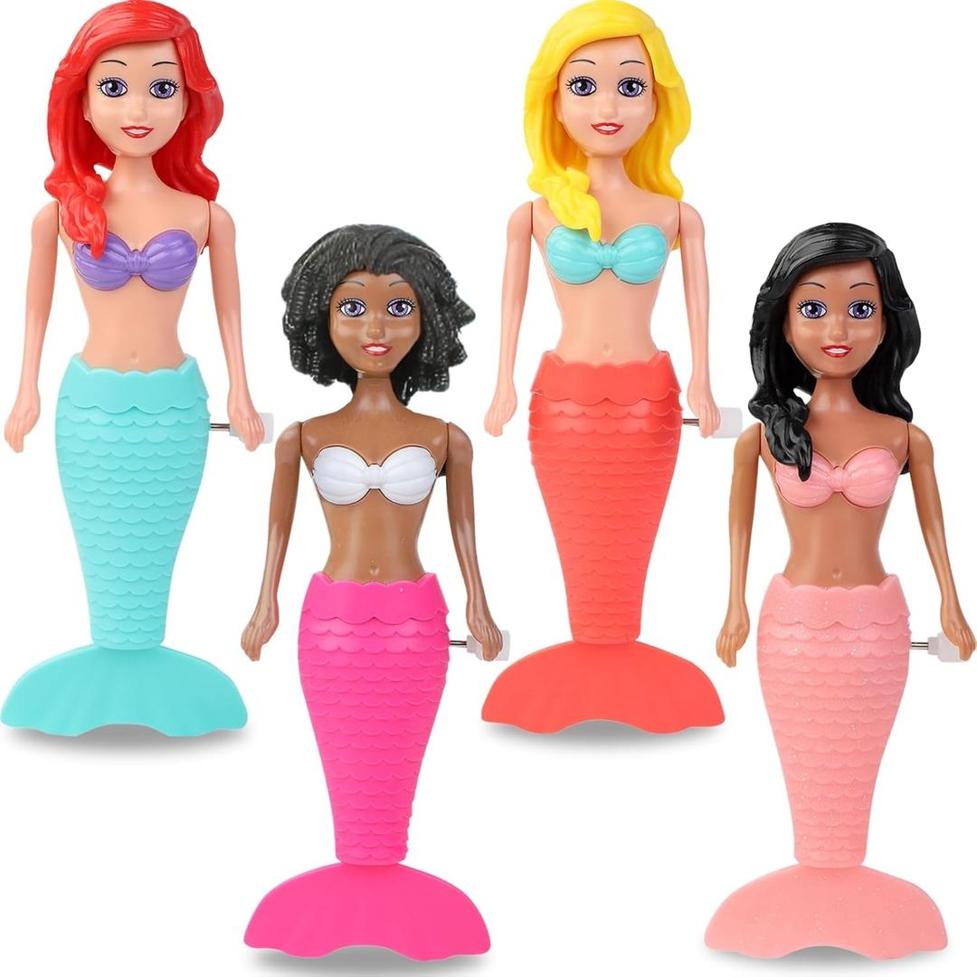 Mermaid Bath Toys for Toddlers Kids Girls - Princess Wind Up Tail Flap Floating Water Bathtub Toys, Swimming Pool Bathing Time Fun (4 Pack)