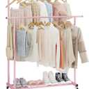 Calmootey Double Rod Clothing Garment Rack,Rolling Hanging Clothes Rack,Portable Clothes Organizer for Bedroom,Living Room,Clothing Store,Pink