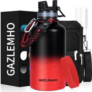 Insulated Water Bottle 64 oz, Half Gallon Water Jug Cold 48H, BPA Free Stainless Steel Bottles with Straw/Chug 2-in-1 Lid, Bag, Paracord Handle, Silicone Boot, Sports Gym School Metal Flask (Ice Coke)