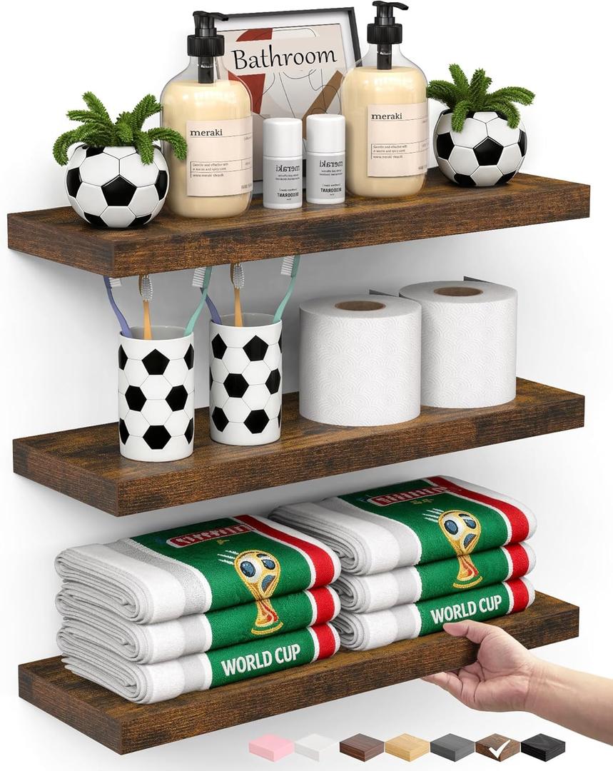 BAYKA Bathroom Floating Shelves for Wall Set of 3 - Rustic Brown Farmhouse Wood Shelves Over Toilet for Bedroom, Kitchen, or Living Room Decor Display, Storage for Plants, Toilet Paper or Bath Towels B. Rustic Brown - Americana Farmhouse