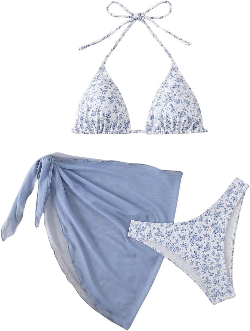 SHENHE Women's 3 Piece Floral Bikini Set with Wrap Coverup Halter Triangle Swimsuits (X-Large)