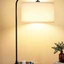 White Side Table Lamp with USB Port and Outlet, Dimmable Nightstand Bedside Lamps with Linen Lampshade, Desk Lamp for Bedroom, Living Room, Guest Room, Home Office, LED Bulb Included