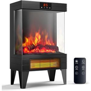 Electric Fireplace Stove Heater - Freestanding Fireplace Heater for Indoor Use with Realistic 3D Flame, Adjustable Thermostat & Remote, Quiet, Timer for Living Room and Bedroom (Classic Black)