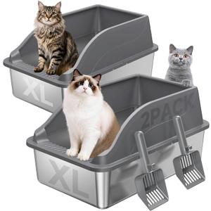 2PACK Stainless Steel Litter Boxes, Extra Large XL Odor Free Metal Litter Box with High Sides, Open Top Litter Pan Include Scoop Easy Cleaning Anti-Scratch Kitty Cat Box Anti-Urine Leakage, Non-Sticky