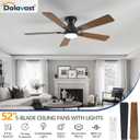 Ceiling Fans with Lights, 52 Inch Low Profile Ceiling Fan with Light and Remote Control, Flush Mount, Reversible, 3CCT, Dimmable LED, Quiet, Black Ceiling Fan for Bedroom, Living Room