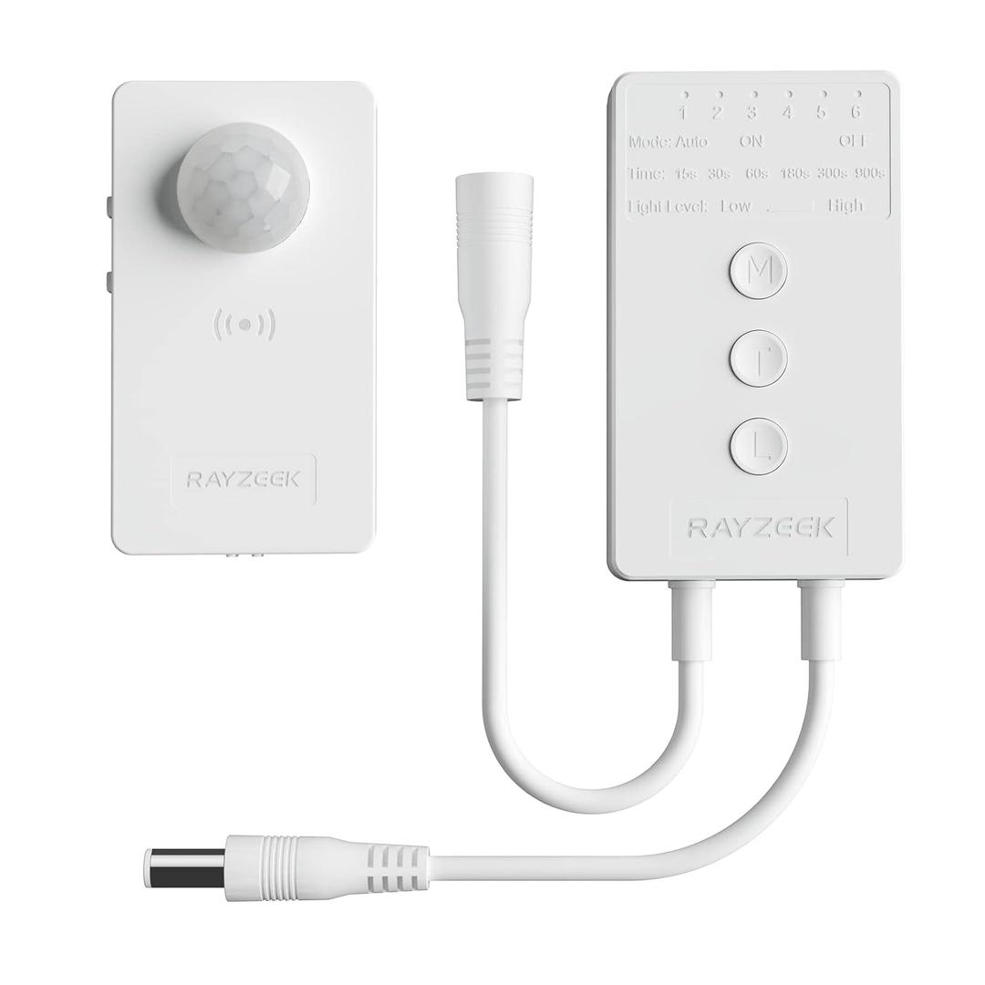 RAYZEEK Wireless Motion Sensor Controller Kit - No Wiring Mini PIR Sensor Switch 12/24VDC RF Wireless Control Led Strip Lights with Dimmable, Timer for Stairway