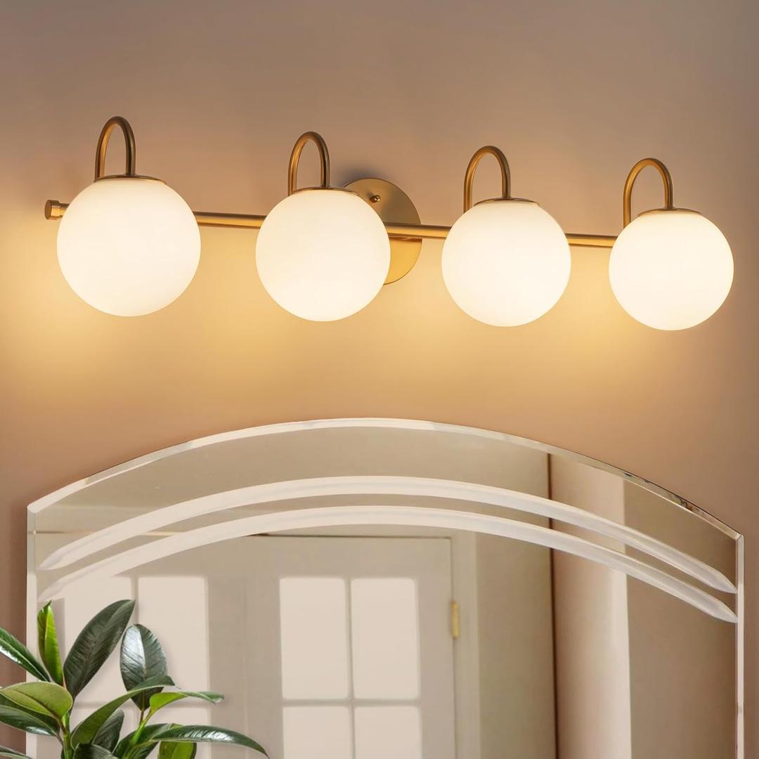 Brass Vanity Light, 31-Inch Modern 4-Light Gold Bathroom Light Fixtures with Frosted Globe Shade Mid Century Milk Glass Wall Sconce