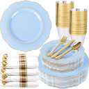 Liacere 175PCS Bule Plastic Plates - Disposable Ligh Bule and Gold Plates - Baroque Plastic Dinnerware 50Plates, 25Pack Pre Rolled Napkins with Silverware 25Cups for Baby Shower Party & Wedding