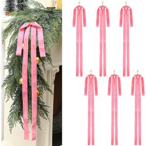 Janinka 6 Pcs Pink Velvet Ribbon Bows Valentines Tree Decorations 23.5x15.5 Inch Rustic Large Velvet Pink Bows Vintage Christmas Swag Ornaments Staircase Wreath Tree Topper Bow