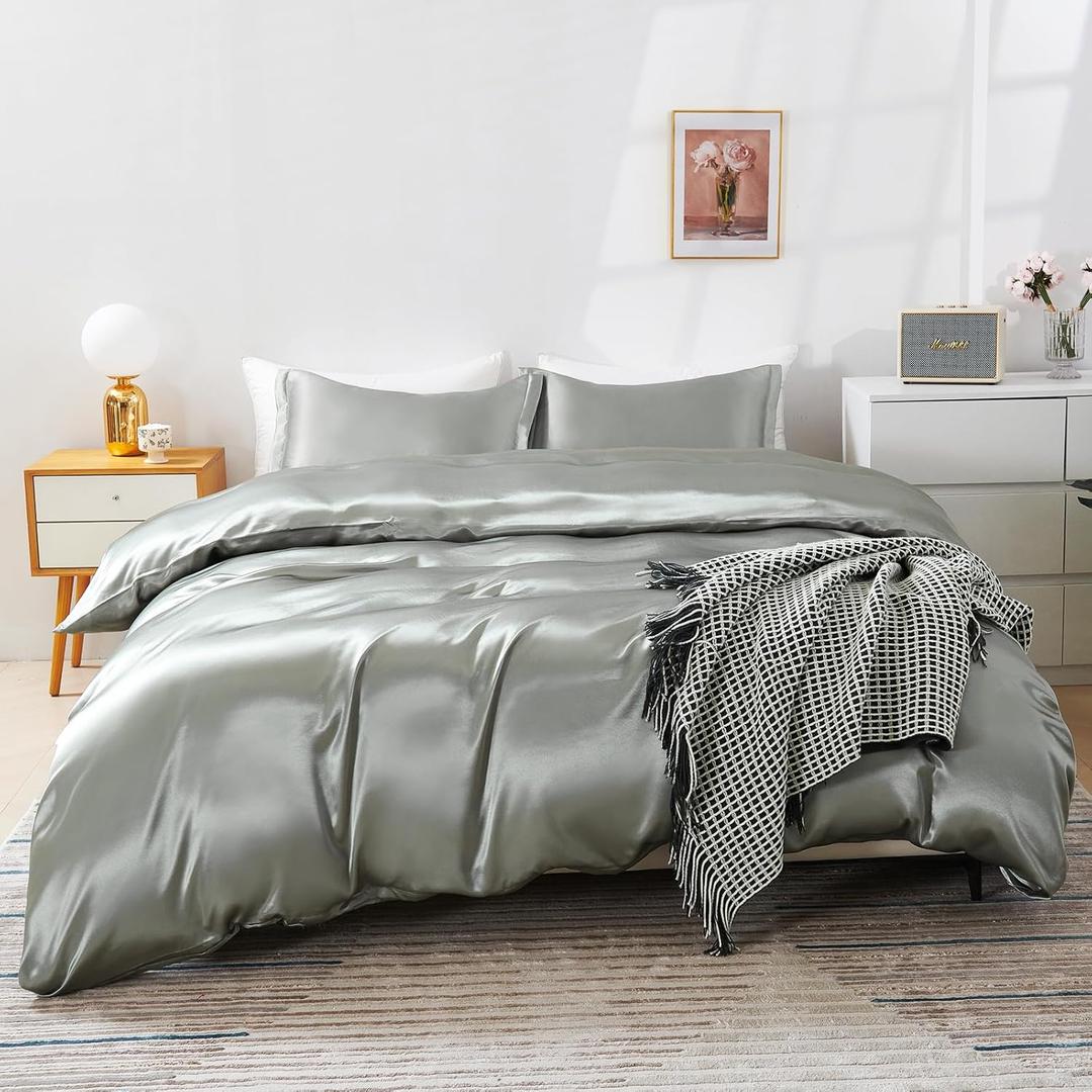 HOdo Home Satin Duvet Cover King Size, 3 Piece Silk Like Comforter Cover, Ultra Soft and Breathable Bedding Set with Zipper Closure & Corner TiesGrey