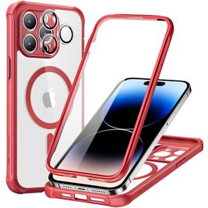 ESR for iPhone 14 Pro Max Case, Compatible with MagSafe, Full-Body Military-Grade Drop Proof Case for iPhone 14 Pro Max with Built-in 9H+ Tempered Glass Screen Protector, Clear Red