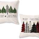 ONWAY Christmas Pillow Covers 18x18 Inch Set of 2 Xmas Trees Red Buffalo Plaid Black Green Decorative Pillowcases Farmhouse Merry Christmas Winter Holiday Cushion Cases for Sofa Couch (Beige)