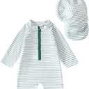 Baby Boys' One Piece Swimsuits Toddler Swimwear with Rash Guard Infant Bathing Suit for Boys Swim Sun Hat Set (US, Age, 6 Months, 12 Months, Green Stripe)