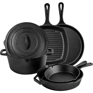 6 Piece Pre-Seasoned Cast Iron Cookware Set – Incl. 5QT Dutch Oven with Lid, 8'' and 10.25'' Cast Iron Skillets, 10.5'' Round Griddle, and a Square Grill Pan for Kitchen, Stovetop, & Camping