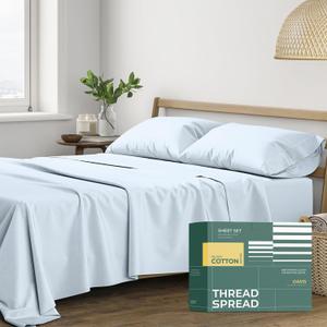 THREAD SPREAD 100% Organic Cotton Sheets Queen Size - 4 PC Organic Cotton Queen Size Percale Weave Sheet Set, Soft, Cooling, Crisp & Breathable, 16" Deep Pocket Hotel Quality Bedding Set - Light Blue