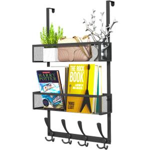 Over The Door Hooks Organizer,Coat Rack with 12 Hooks and 2 Mesh Baskets,Back of Door Storage Organizer for Bathroom,Bedroom,Kitchen,Office(Black)