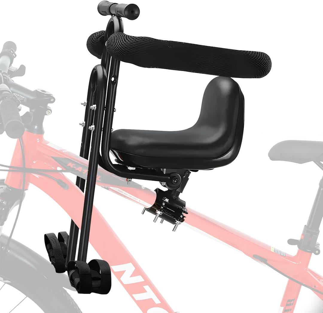 Front Mounted Child Bike Seat for Adult MTBInteractive Toddler Bicycle Carrier with Full Guardrail,Foot Pedals & Removable Foot Straps,Height Adjustable for Kids 15 Years (Up to 55lbs) (Black)