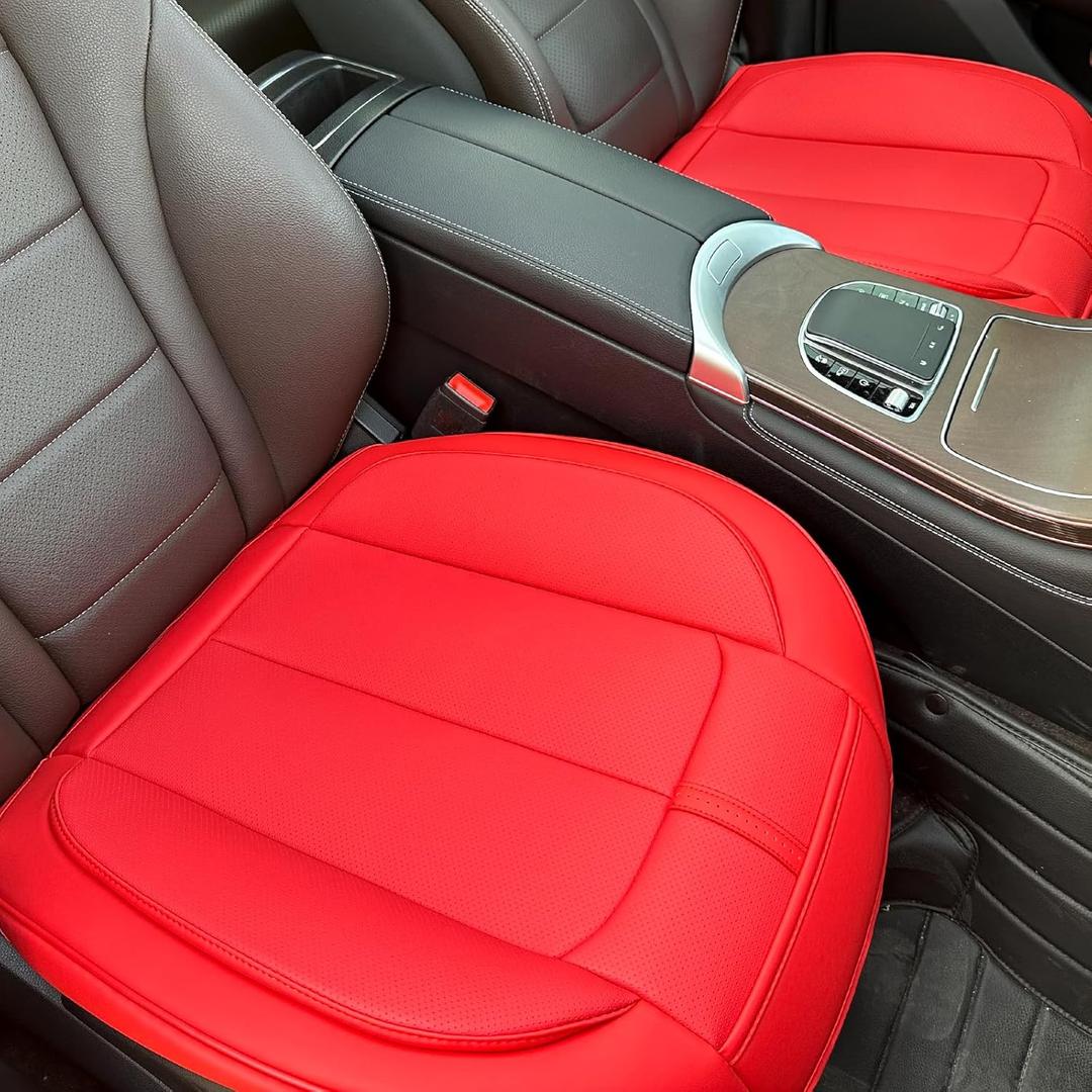 2 Pack Leather Front Car Seat Cover Bottom Only, Anti-Slip Padded Seat Cushion, Full Wrap Seat Protector with Storage Function Universal Fit for Most Cars, SUV, Pick-up Trucks (Red)