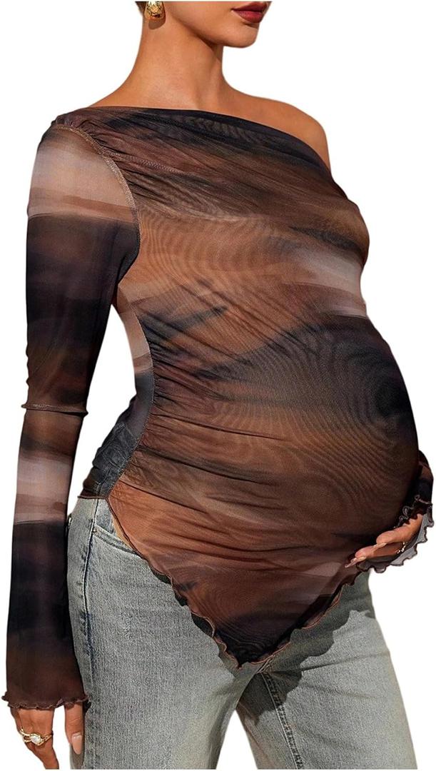 MakeMeChic Women's Maternity T Shirt Spring Tie Dye Asymmetrical Lettuce Trim Long Sleeve Pregnancy Tops (Brown, S)