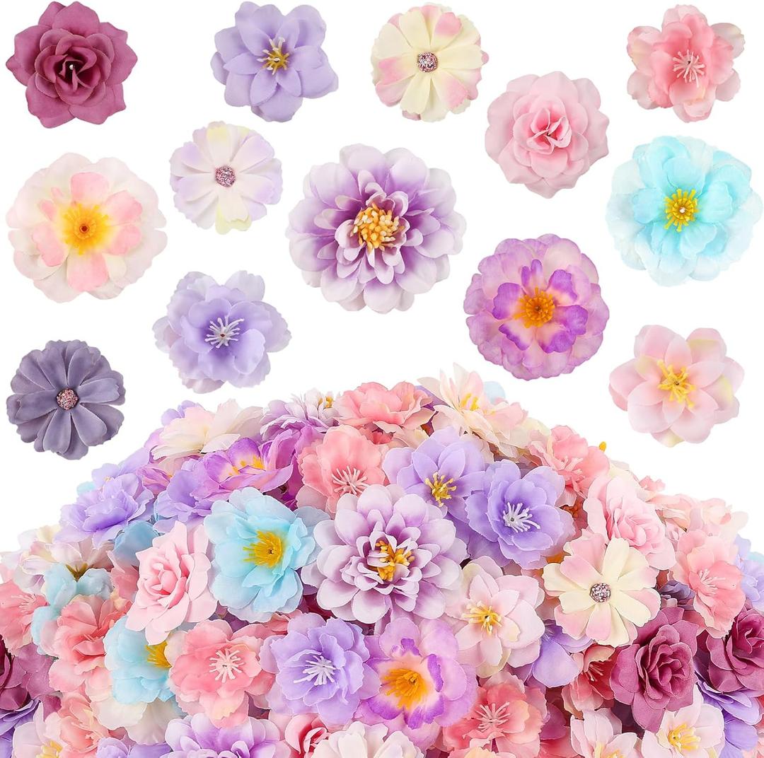 ATTGREAT 210 Pcs Mini Silk Flower Heads Small Fake Rose Daisy Faux Flowers Bulk for Crafts Artificial Loose Fabric Flowers Heads Sunflower Bulk for Wedding Hair Cap Dresses Decorations (Purple)