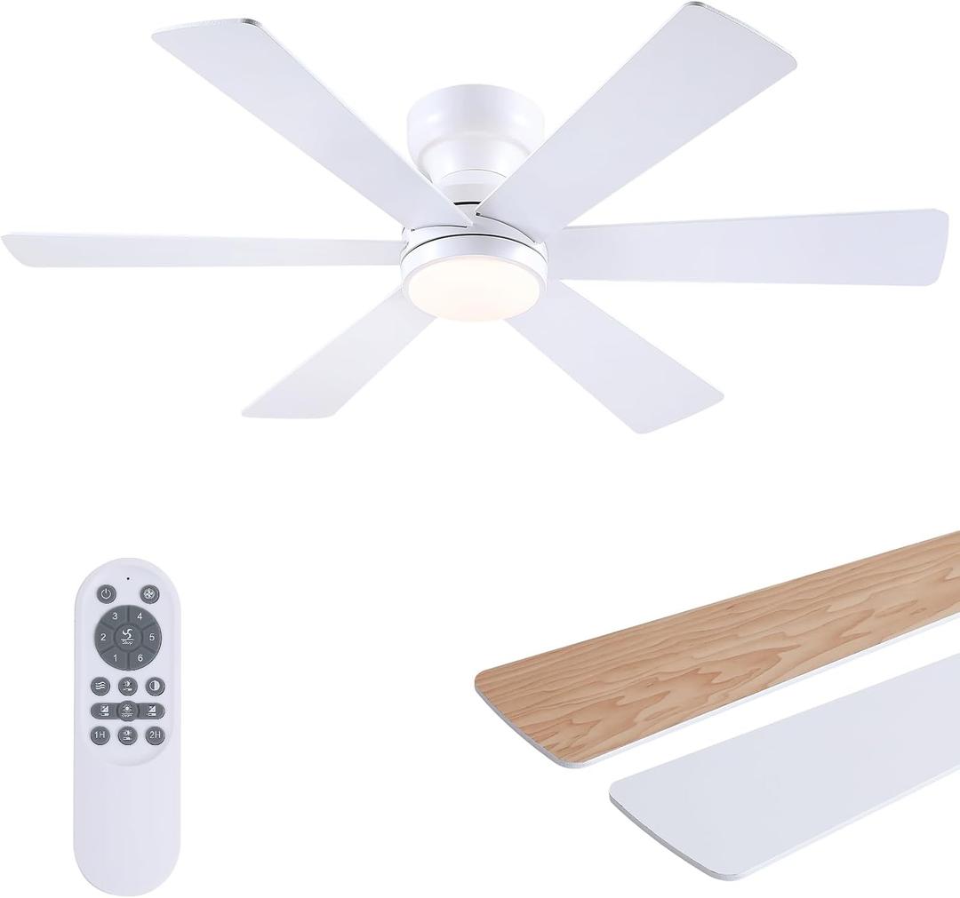 Asyko Ceiling Fans with Lights, 46" Low Profile Ceiling Fan with Light and Remote, Flush Mount for Bedroom, Living Room, 6 Speeds, Dimmable, Timer, Quiet Reversible, White