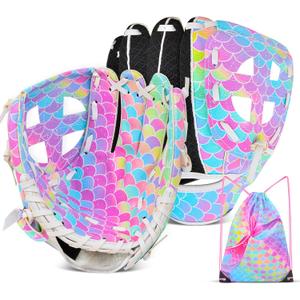 Kids Baseball Glove,Softball Gloves,Baseball Softball Mitt for Kids Girls Toddlers, Tee Ball Glove for Training and Beginner Play, Left Hand Glove, Right Hand Throw (9", Rainbow Mermaid)