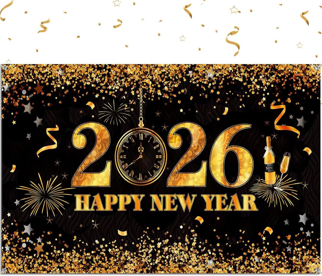 Sumind Happy New Year Party Decorations Supplies Extra Large Black and Gold Glitter 2026 Happy New Year Backdrop Banner for 2026 Party Decor Banner Fireworks Photo Booth Background, 73 x 43 Inch
