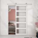 BARNSMITH 36in x 96in Glass Barn Door and 6.6FT Nickle Sliding Door Hardware Included, 5-Panel Frosted Glass, Solid Wood Covered with Water-Proof PVC Surface, Easy Assembly, White