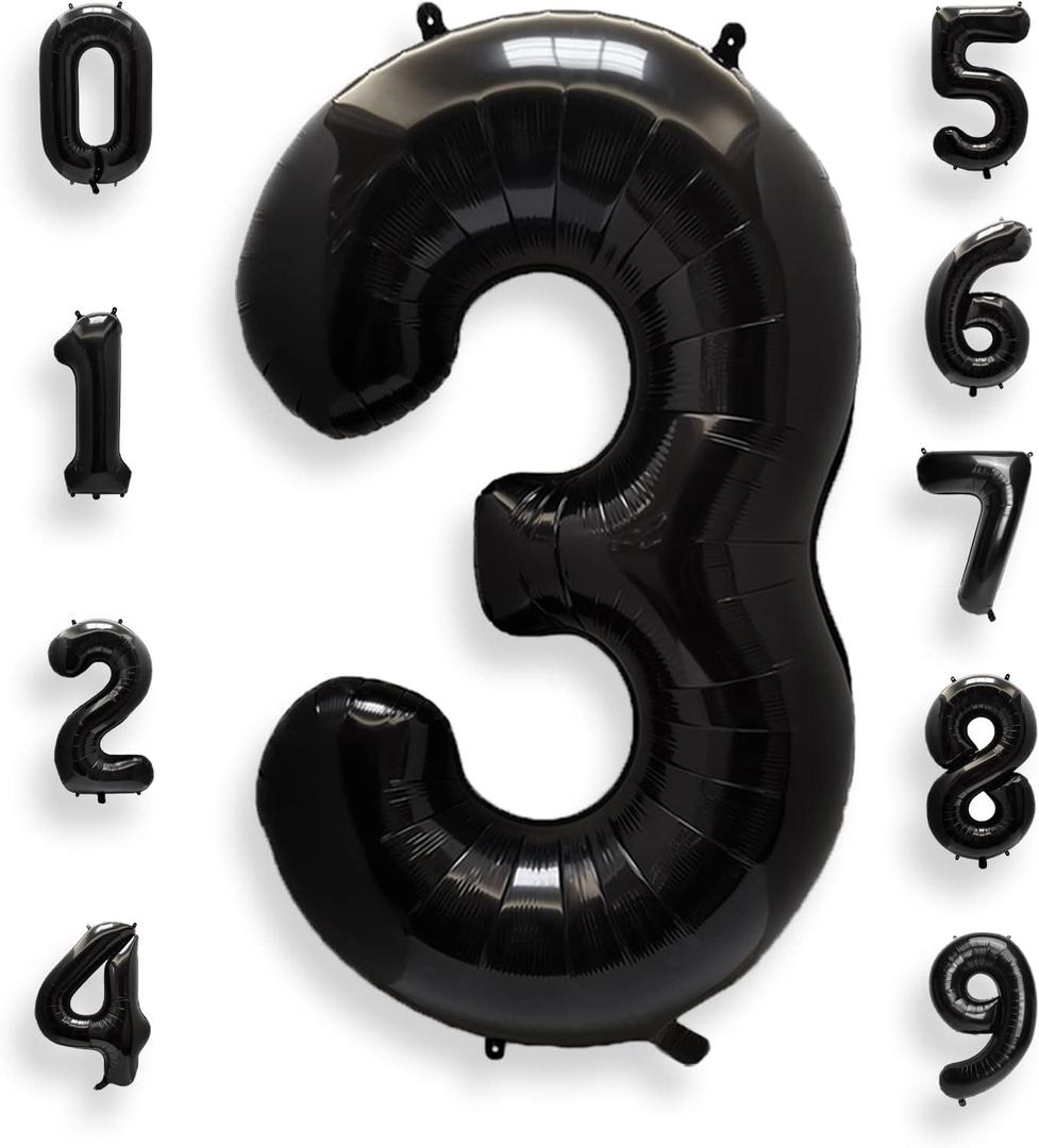 AULE 40 Inch Big Black 3 Balloon Number Large Foil Helium Number Balloons 0-9 Jumbo Giant Happy 3rd Birthday Party Decorations for Boy or Girl Huge Mylar Anniversary Party Supplies