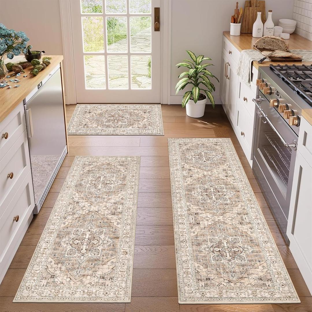 Pauwer Kitchen Mats for Floor 3 Piece Set Boho Non Slip Kitchen Rugs Washable Farmhouse Kitchen Floor Mats Thick Long Kitchen Throw Area Rug Carpet Runner for Hallway Entryway Laundry Bathroom, Beige (20"x32"+20"x48"+20"x59")