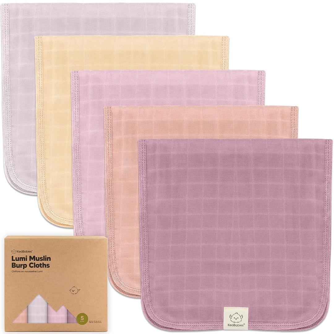KeaBabies Cotton Muslin Burp Cloths Baby Boy, Girl - 5-Pack Soft & Absorbent Burping Cloth for Babies, Large Baby Towels & Washcloths for Newborn, Spit Up Rags, No Shrink, 20x10" (Lavender)