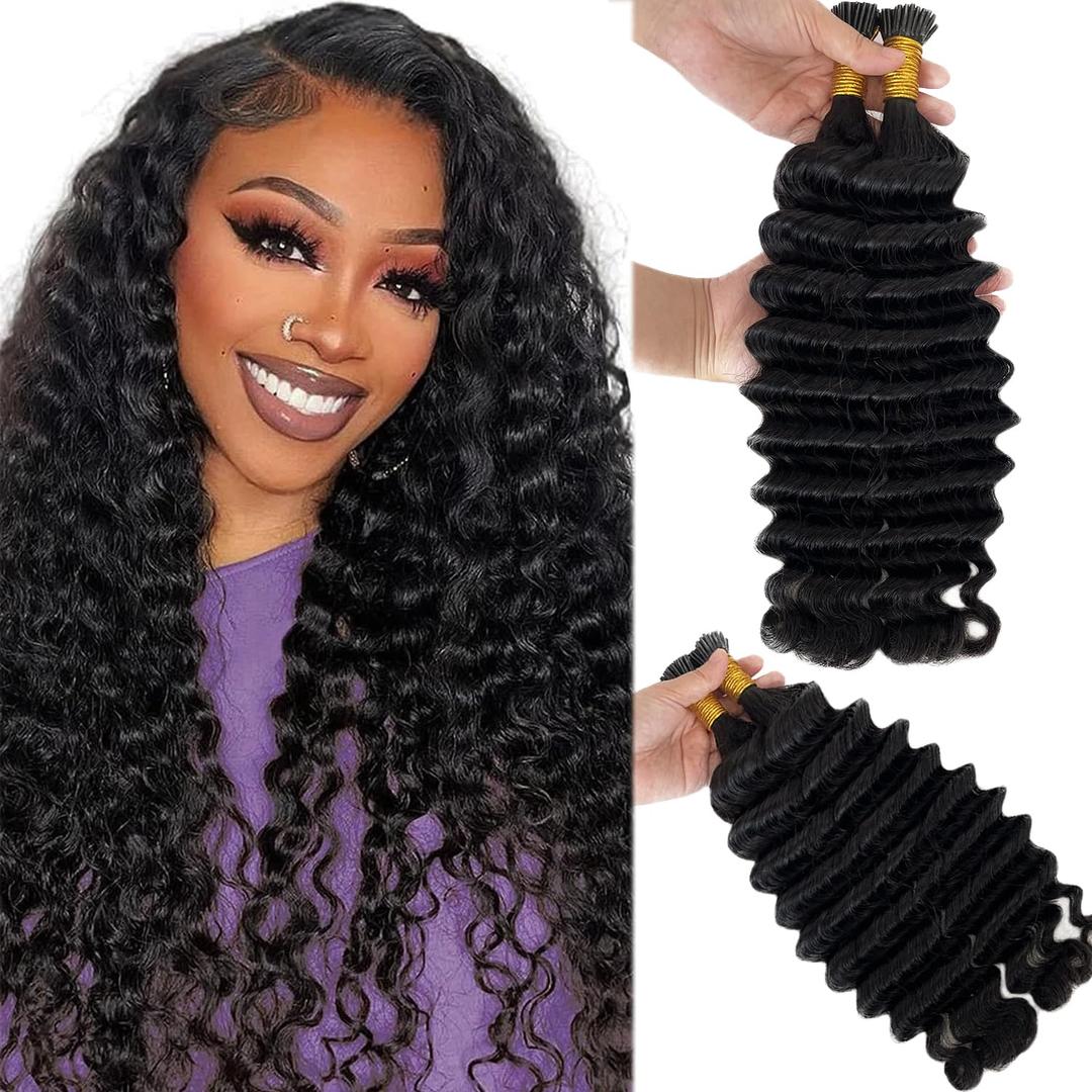 Curly I Tip Human Hair Extensions 18 Inch 50G 100 Strands #1B Natural Black Deep Wave Brazilian Virgin Real Remy Hair Pre Bonded Microlink Beads Stick Tip Extensions for Black Women
