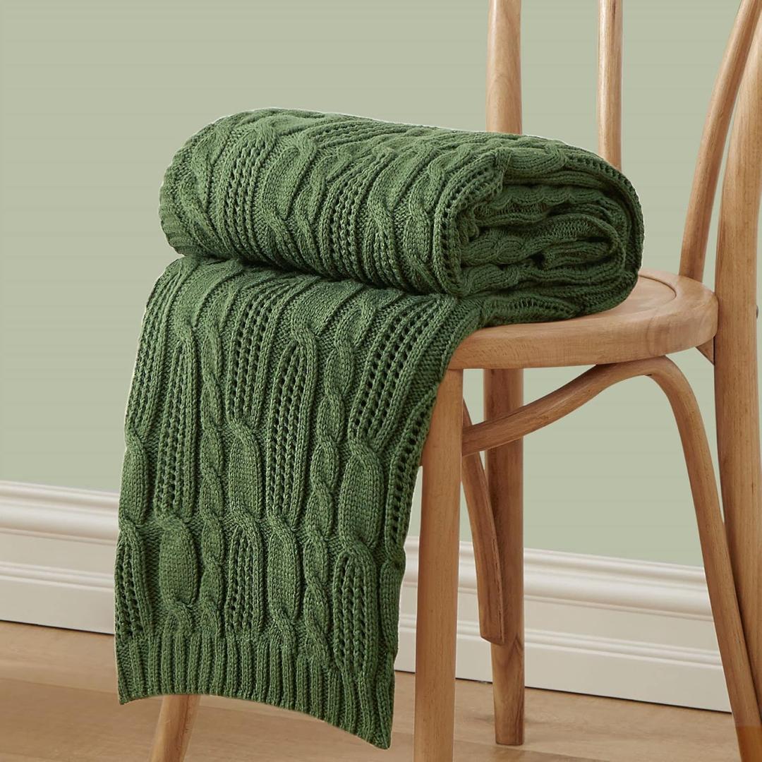 Aormenzy Cable Knit Throw Blankets 50 x 60 Inches, Soft Cozy and Lightweight Knitted Blanket, Machine Washable Acrylic Blanket, Decorative Throw Blanket for Couch Sofa Bed, Forest Green