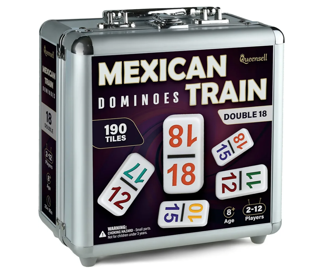 Queensell Mexican Train Dominoes Set with Numbers - Double 18 Dominos Set for Adults and Kids - Mexican Dominoes Train Game Night Games for Adults with Wooden Hub and Aluminum Case